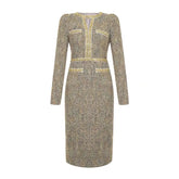 Women Clothes Vintage Tweed Hollow Sexy O-Neck Slim Midi Pencil Dress Elegant Fashion Evening Party Vestidos Formal Occasion New