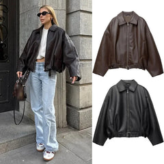 Vintage PU Leather Bomber Jackets New Ladies Zipper Lapel Long Sleeve Pocket Coat With Belt Women's Loose Streetwear