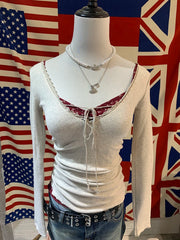 Bandage Lace Trim Long Sleeve T-shirt Sexy V-neck Cotton Slim Tshirt Top Female Casual Simple Solid Elegant Woman's Tees