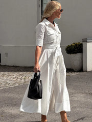 Women Summer Lapel Short Sleeve Pocket Single-Breasted Belt Decorate Midi Dress Female Fashion Shirt Style Pleated Dress