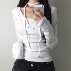 Women's Drawstring Grommet Long Sleeve T Shirt Minimalist Versatile Casual Basic Top With Adjustable Strap Design 2026