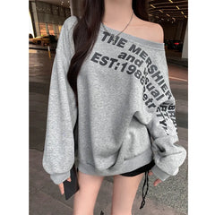 Sexy Oversize T shirt Women Streetwear Letter Print Skew Collar Off Shoulder Long sleeve Basic Top Korean Fashion Loose T-shirt