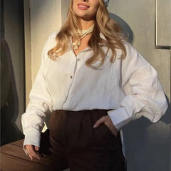 Ammug White Women's Shirt Long Sleeve Elegant Solid Blouse Woman Vintage Summer Loose Shirts for Women Basic Top Collar