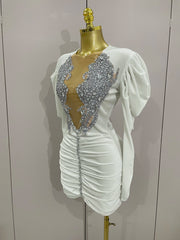 Luxury Sparkly Crystals Sexy Mesh White Velvet Short Dress 2025 Women Elegant Evening Prom Birthday Party Dresses Stage Costume