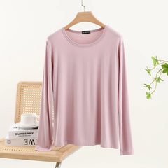 Casual Modal Long Sleeve T-Shirt Women's Spring Thin Round Neck Base Shirt Loose Fit Plus Size Slim Pure Color Top
