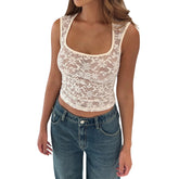 Women s Summer Tank Tops Sleeveless Scoop Neck See-Through Lace Crop Tops Casual Shirts