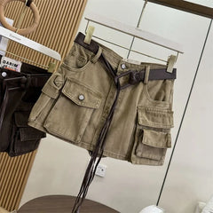 Loose Retro Streetwear Work Skirt Short Pants High Waist Slimming Sexy Early Autumn New Style Pure Color Cotton Denim Skirt