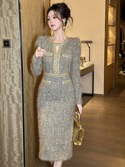 Women Clothes Vintage Tweed Hollow Sexy O-Neck Slim Midi Pencil Dress Elegant Fashion Evening Party Vestidos Formal Occasion New