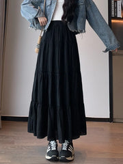 Elegant White Ruffled Long Skirts for Women High Waist A Line Maxi Skirt Woman Spring Summer Casual Loose Korean Umbrella Skirt