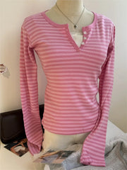 Sweet Button Long Sleeve Tees Women Spring New Cotton Rose Pink Striped Slim Zelly Tops Simple Chic Preppy Style T-shirts