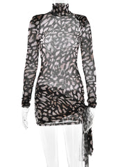 Fantoye Turtleneck Sexy Sheer Print Leopard Bandage Women Dress Long Sleeve Mini Dress Lady Spring Slim Elegant Party Club Dress