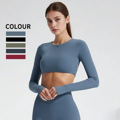 Women Fitness T Shirt Long Sleeve Open Back Pilates Yoga Padded Crop Top Running Workout Fitness Blouse
