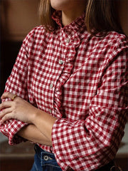 Women's Red White Gingham Ruffled Turtleneck Blouse Ruffle Front Long Sleeve Loose Fit Casual Office Daily Top