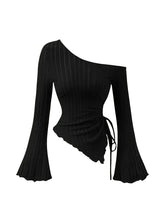 women's New off shoulder cross long sleeved slim fit casual street style asymmetrical elegant T-shirt trumpet sleeve top
