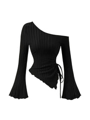 women's New off shoulder cross long sleeved slim fit casual street style asymmetrical elegant T-shirt trumpet sleeve top