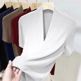 Threaded New Short Sleeved Top for Women Summer Fashion Versatile Base Shirt Plus Size Slim Fit V-neck T-shirt Casual and Sexy