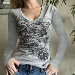 Goth Thermal T-shirt Skulls Graphic Print Long Sleeve Pullovers Tops Women 90s Vintage Aesthetic Tees