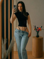 Tassel Applique Crop Tops Women Single-Breasted Half-High Neck Tassel Midnight Hottie Versatile Street Skinny T-Shirt