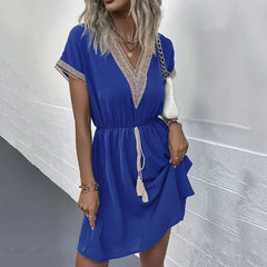 Summer Solid Short Sleeve Lace V Neck Waistband Female Beach Midi Short Dress Elegant Women's Sweet White Solid Color Dresses