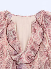 MIDI Dress Vintage Print Chiffon V-Neck Cascading Ruffle Long Sleeve Female Elegant Street Dresses Clothing