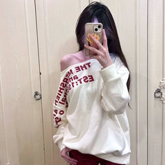 Sexy Oversize T shirt Women Streetwear Letter Print Skew Collar Off Shoulder Long sleeve Basic Top Korean Fashion Loose T-shirt