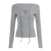 Women's Drawstring Grommet Long Sleeve T Shirt Minimalist Versatile Casual Basic Top With Adjustable Strap Design 2026