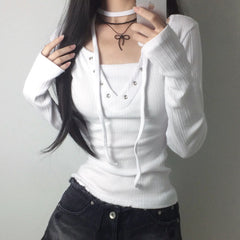 Women's Drawstring Grommet Long Sleeve T Shirt Minimalist Versatile Casual Basic Top With Adjustable Strap Design 2026