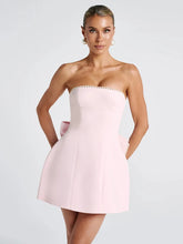 Mozision Pearl Strapless Sexy Mini Dress Women Robe Fashion Bow Backless Off-shoulder High Waist Club Party Dress Elegant