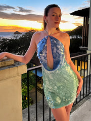 Sexy Sequin Shiny Mini Dress Women Luxury Blue Green Patchwork Halter Short Dresses Evening Party Bright Dresses