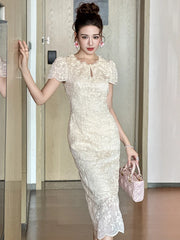 Elegant Romantic Midi Party Dress Women Sweet Floral Embroidery Hollow Out Slim Robe Female s Formal Gatherings Vestidos