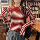 Vintage Long Sleeve Striped T Shirt Women Soft Chic Tees Color Blocking Casual Pullover Woman 2026 Spring Summer New Crop Tops