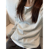 Vintage Women Fake Two Piece Top O-neck Stripe Button Long Sleeve T-shirt Spring Autumn Casual Loose Base Layer Shirt Versatile