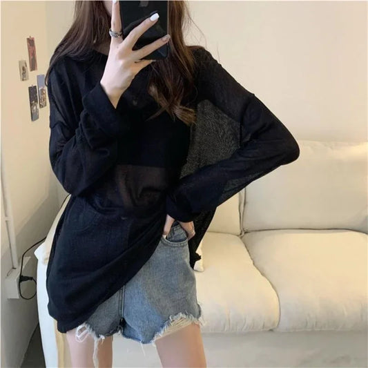 Crew Neck Long Sleeve Loose Sheer Patchwork Tee