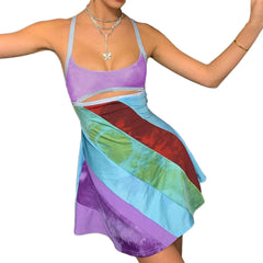 Women’s Casual Sweet Suspender A-line Dress Fashion Contrast Color U-neck Hollow Short Dress