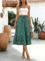 Vintage Ditsy Floral Tiered Skirt Elastic High Waist Ruffle Hem Midi Skirt for Daily & Vacation
