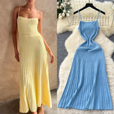 Knitted Pleated Long Dress High Waist Midi Sling Dress Elegant Sleeveless Yellow Dress Women Streetwear Black Bodycon Dress