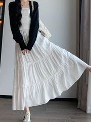 Elegant White Ruffled Long Skirts for Women High Waist A Line Maxi Skirt Woman Spring Summer Casual Loose Korean Umbrella Skirt