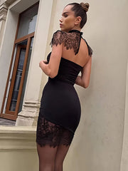Lace Backless Sexy Mini Dress Women Gown Elegant See Through Turtleneck Sleeveless Bodycon Club Party Dresses Female