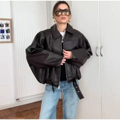 Vintage PU Leather Bomber Jackets New Ladies Zipper Lapel Long Sleeve Pocket Coat With Belt Women's Loose Streetwear