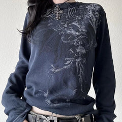 Goth Thermal T-shirt Skulls Graphic Print Long Sleeve Pullovers Tops Women 90s Vintage Aesthetic Tees