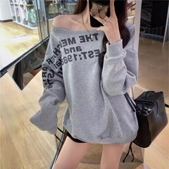 Sexy Oversize T shirt Women Streetwear Letter Print Skew Collar Off Shoulder Long sleeve Basic Top Korean Fashion Loose T-shirt