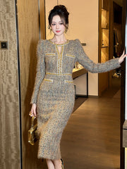 Women Clothes Vintage Tweed Hollow Sexy O-Neck Slim Midi Pencil Dress Elegant Fashion Evening Party Vestidos Formal Occasion New