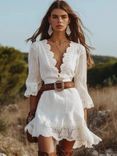 Women's Boho Lace Dress Deep V Neck Flare Sleeve Ruffle Hem Mini Dress Vintage Country Concert Festival Beach Party Dresses