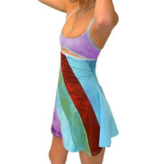 Women’s Casual Sweet Suspender A-line Dress Fashion Contrast Color U-neck Hollow Short Dress