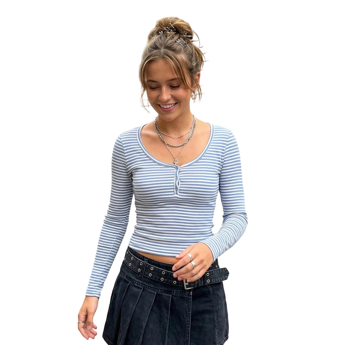 Spring Fall Basic Cropped Tops Women Long Sleeve Scoop Neck Casual Striped Print Slim Fit T-shirts