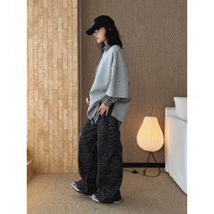 New Korean retro fashionable contrasting color leopard print printed jeans loose silhouette trousers women