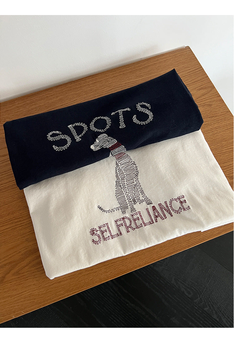 Fun Dog, Cute Cartoon Embroidered Skinny Short Sleeve T-Shirt