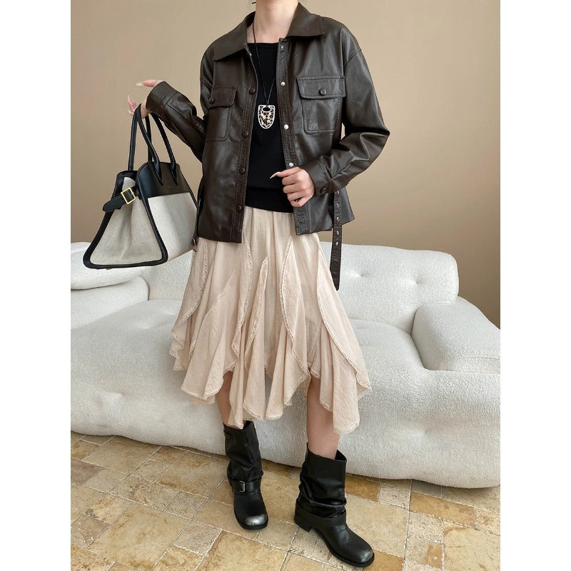 Tencel Acetate Blended Elastic Waist Irregular Lace Splicing Skirt