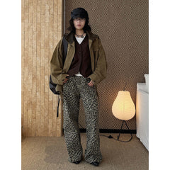 New Korean retro fashionable contrasting color leopard print printed jeans loose silhouette trousers women