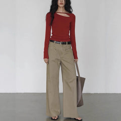 Red unilateral hollowed-out long-sleeved top women's design sense niche spring thin bottom T-shirt